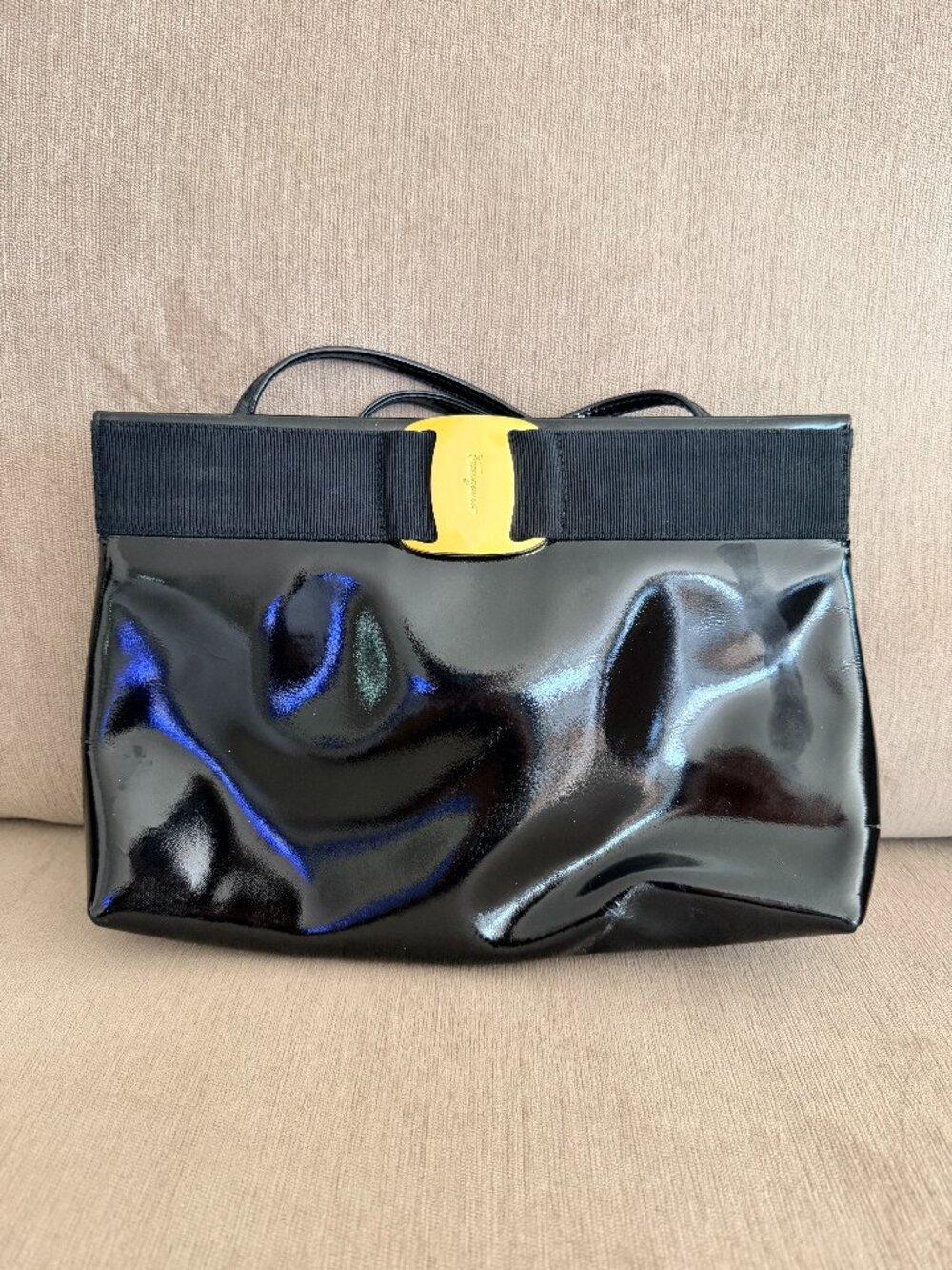 Ferragamo Black Patent Vara Bow Clutch